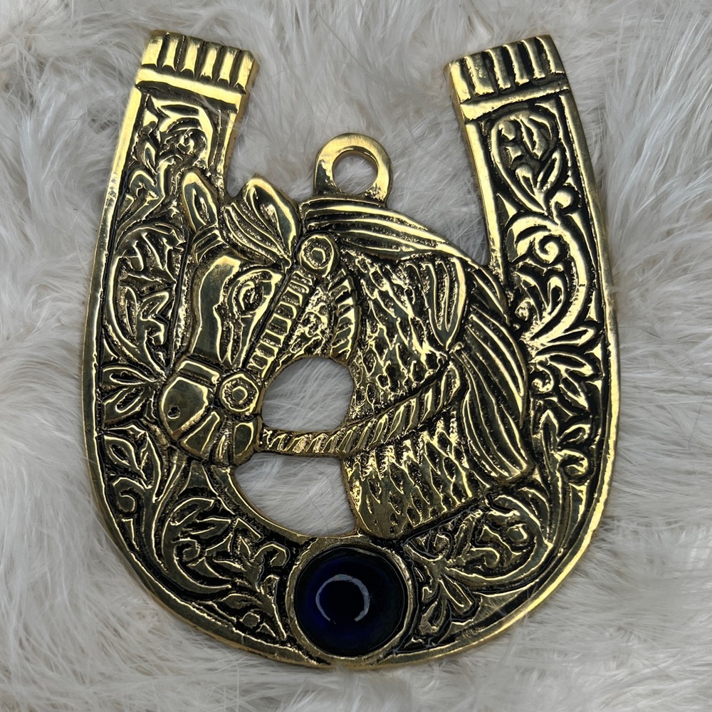 Vintage Brass Horse Horseshoe with Blue Glass Marble Doorknocker Wall Mount Art